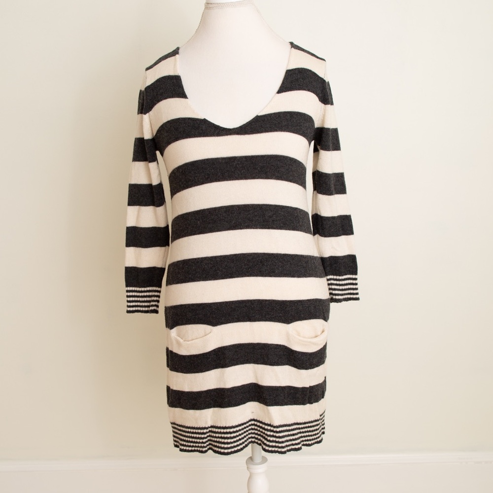 Cream and Grey Striped Sweater Dress